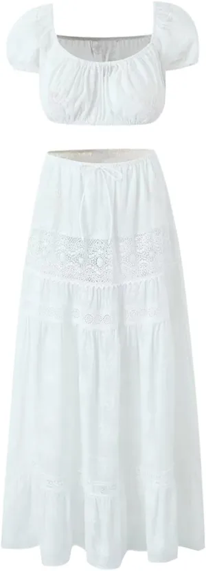 HGps8w Women's Elegant Off The Shoulder 2 Piece Boho Lace Outfits Laceup Crop Tank Top and High Waisted Flowy Long Skirt Sets