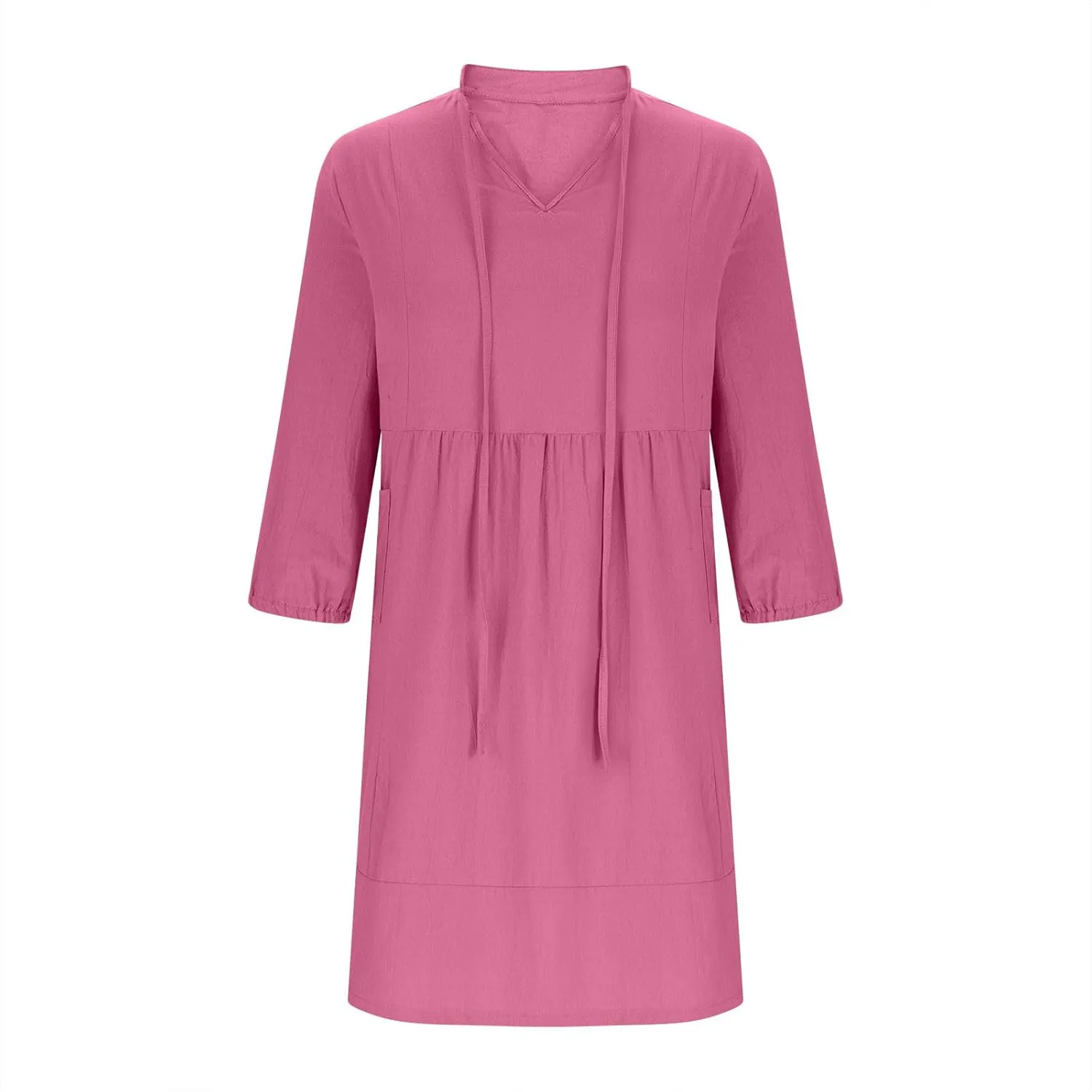 JOAU Womens 3/4 Sleeve Shirt Dress Summer Casual V Neck Drawstring Ruffle Hem A-Line Pleated Beach Midi Dresses with Pockets