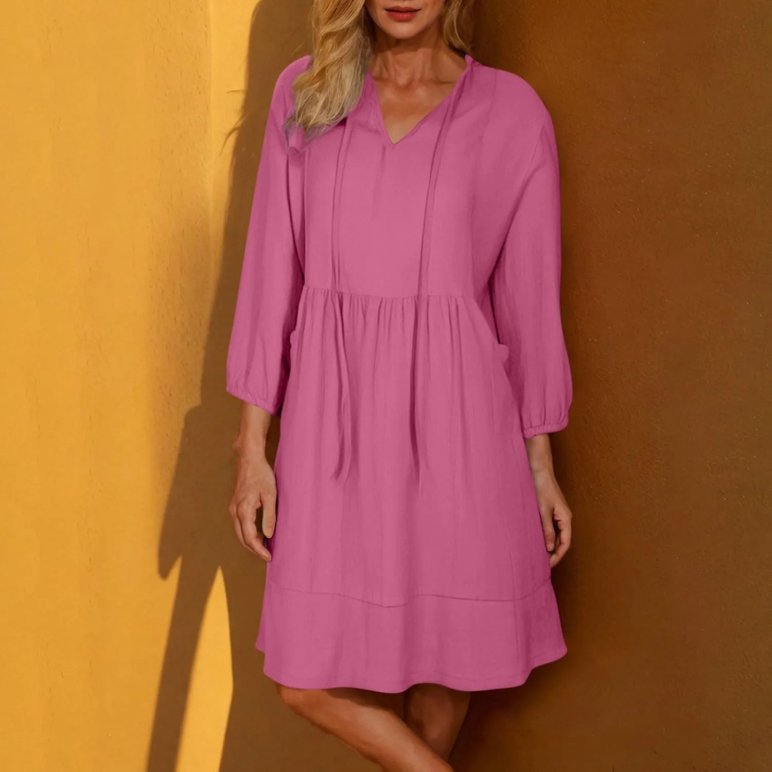 JOAU Womens 3/4 Sleeve Shirt Dress Summer Casual V Neck Drawstring Ruffle Hem A-Line Pleated Beach Midi Dresses with Pockets