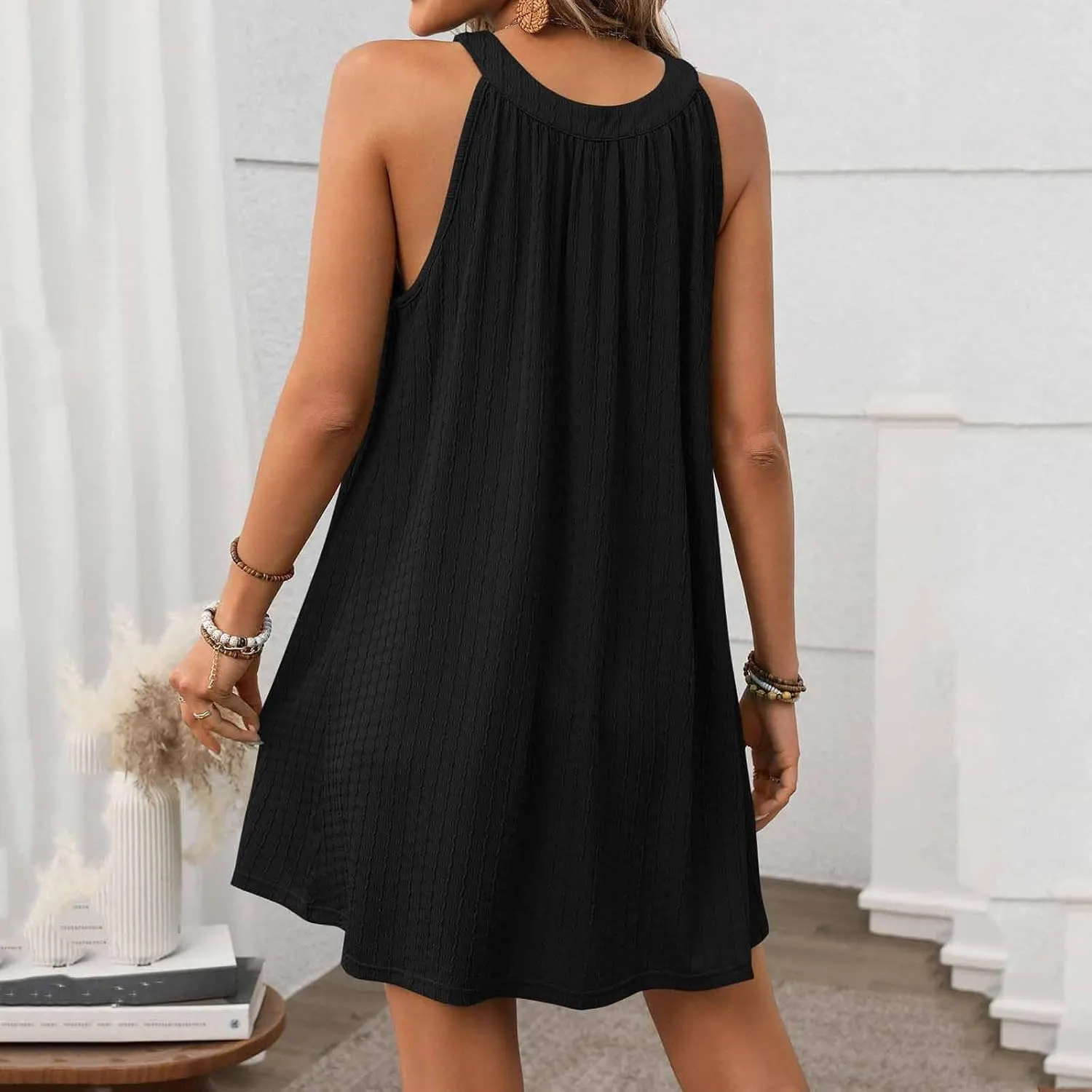 JOAU Women's Cute Halter Neck Sleeveless Mini Dress Summer Loose Solid Color Flowy Pleated Textured Beach Vacation Sundress