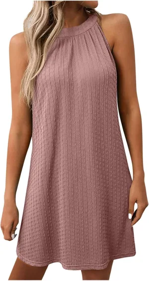 JOAU Women's Cute Halter Neck Sleeveless Mini Dress Summer Loose Solid Color Flowy Pleated Textured Beach Vacation Sundress