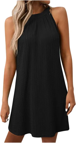 JOAU Women's Cute Halter Neck Sleeveless Mini Dress Summer Loose Solid Color Flowy Pleated Textured Beach Vacation Sundress