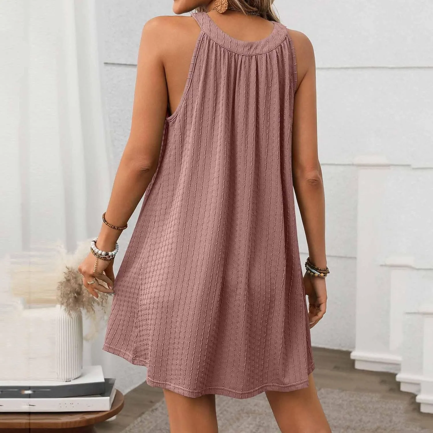 JOAU Women's Cute Halter Neck Sleeveless Mini Dress Summer Loose Solid Color Flowy Pleated Textured Beach Vacation Sundress