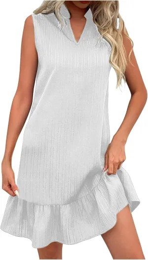 JOAU Women's Summer Beach Vacation Mini Dress A Line Notched V Neck Sleeveless Tank Dresses Stand Collar Ruffle Hem Sundress