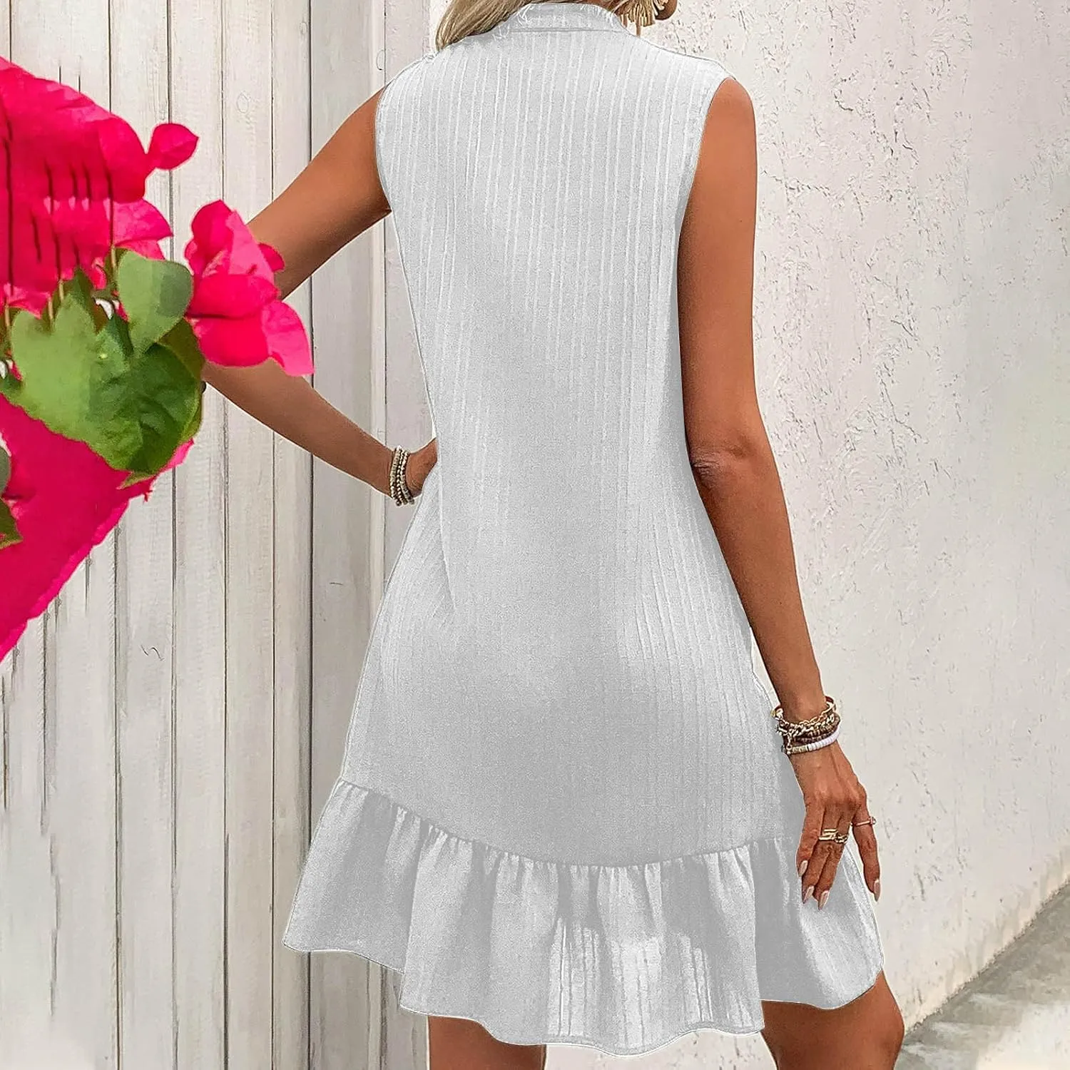 JOAU Women's Summer Beach Vacation Mini Dress A Line Notched V Neck Sleeveless Tank Dresses Stand Collar Ruffle Hem Sundress
