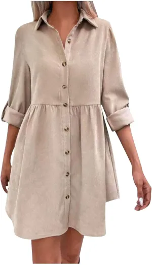 JOAU Women's Tunic Shirt Mini Dress Rolled Long Sleeve Lapel Collar Dresses Button Down A-Line Ruffle Babydoll Short Dress