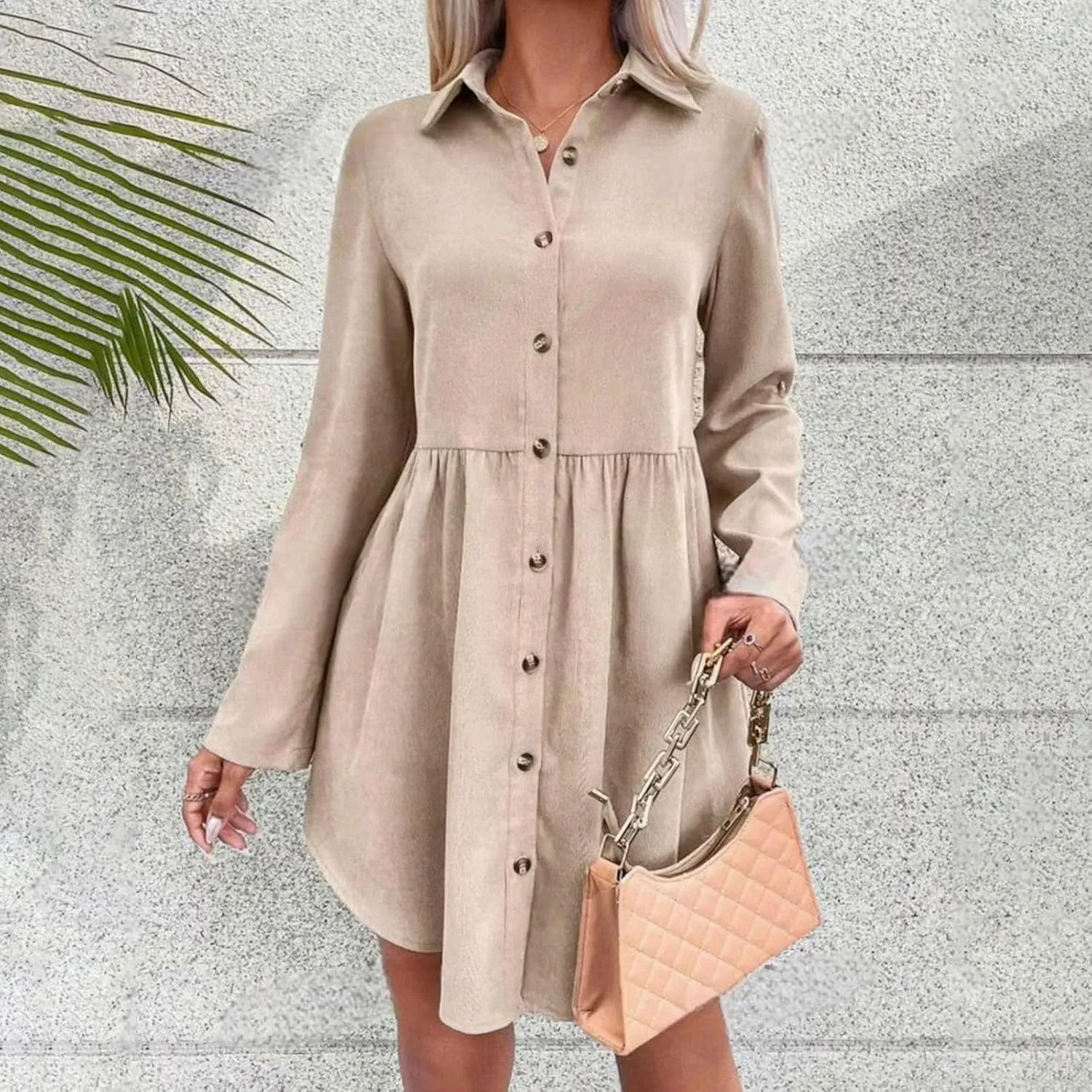 JOAU Women's Tunic Shirt Mini Dress Rolled Long Sleeve Lapel Collar Dresses Button Down A-Line Ruffle Babydoll Short Dress