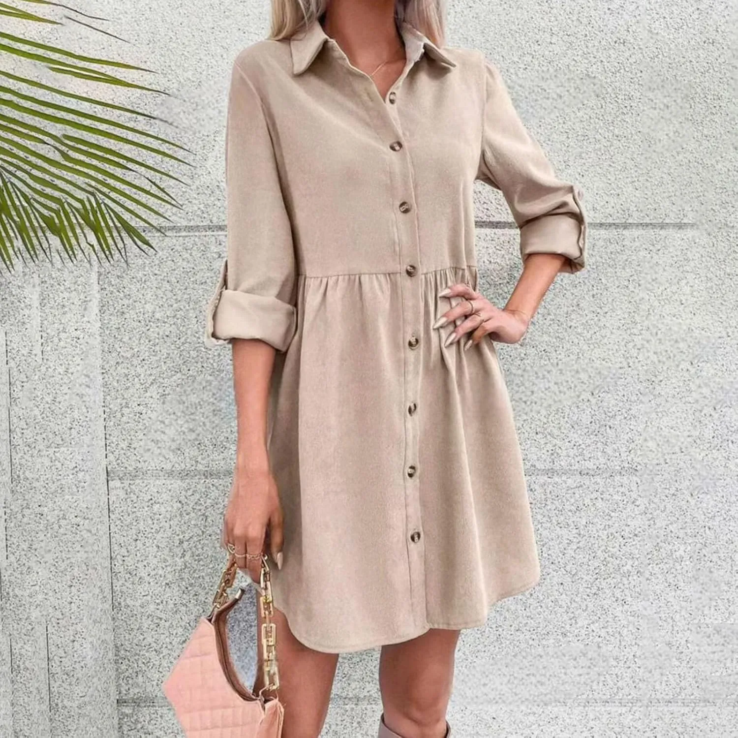 JOAU Women's Tunic Shirt Mini Dress Rolled Long Sleeve Lapel Collar Dresses Button Down A-Line Ruffle Babydoll Short Dress