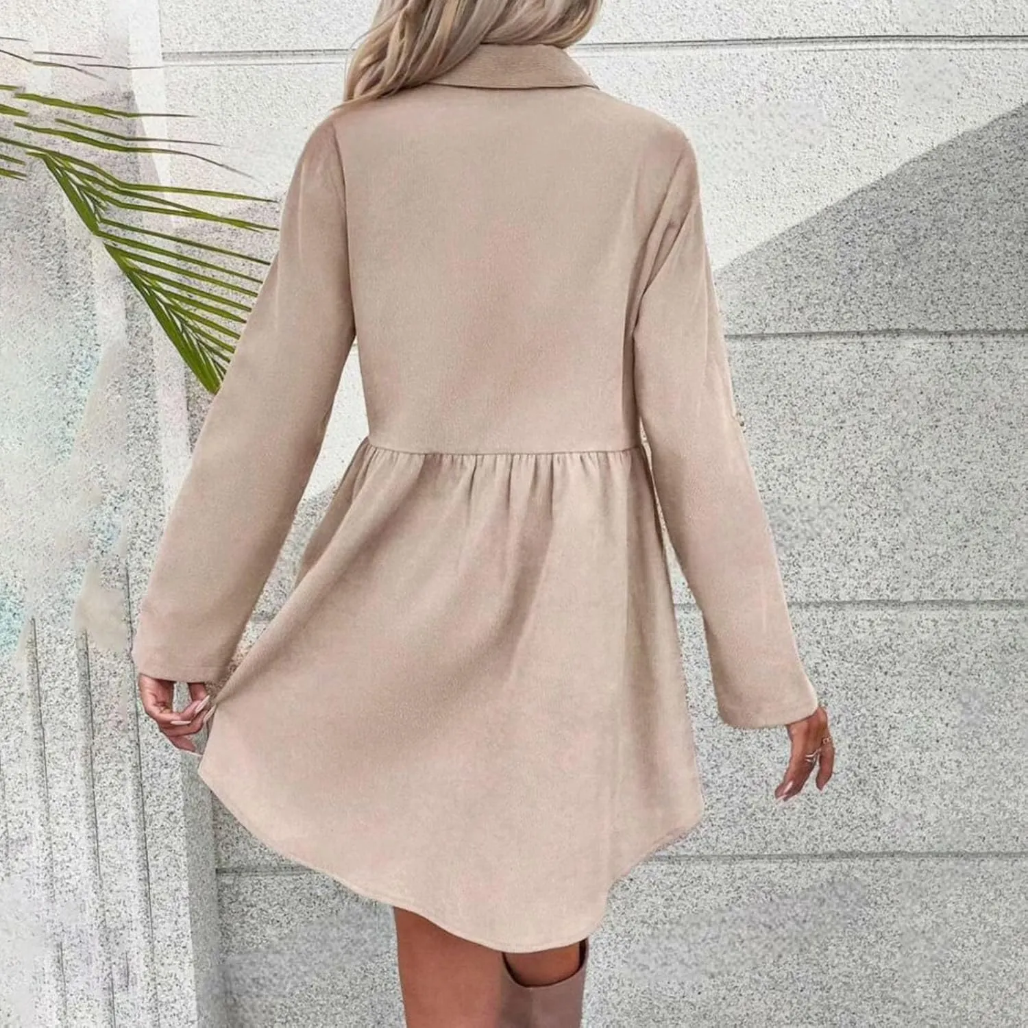 JOAU Women's Tunic Shirt Mini Dress Rolled Long Sleeve Lapel Collar Dresses Button Down A-Line Ruffle Babydoll Short Dress