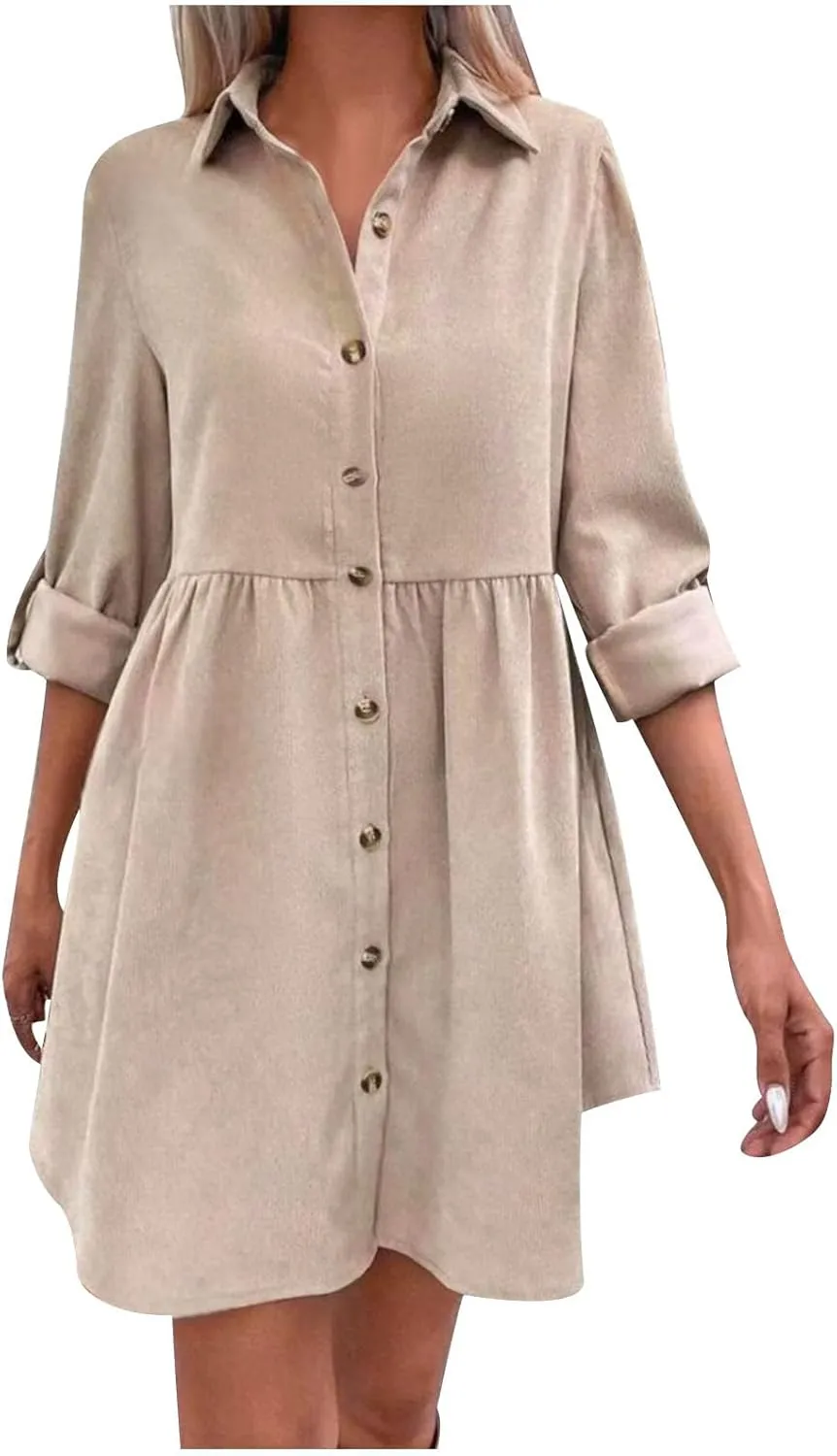 JOAU Women's Tunic Shirt Mini Dress Rolled Long Sleeve Lapel Collar Dresses Button Down A-Line Ruffle Babydoll Short Dress