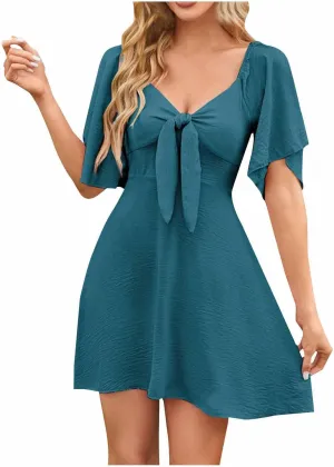 JOAU Women's Twist Front Bowknot Ruffle Short Sleeve Summer Dress Casual Bow Tie V Neck Elegant Tunic Mini Dresses