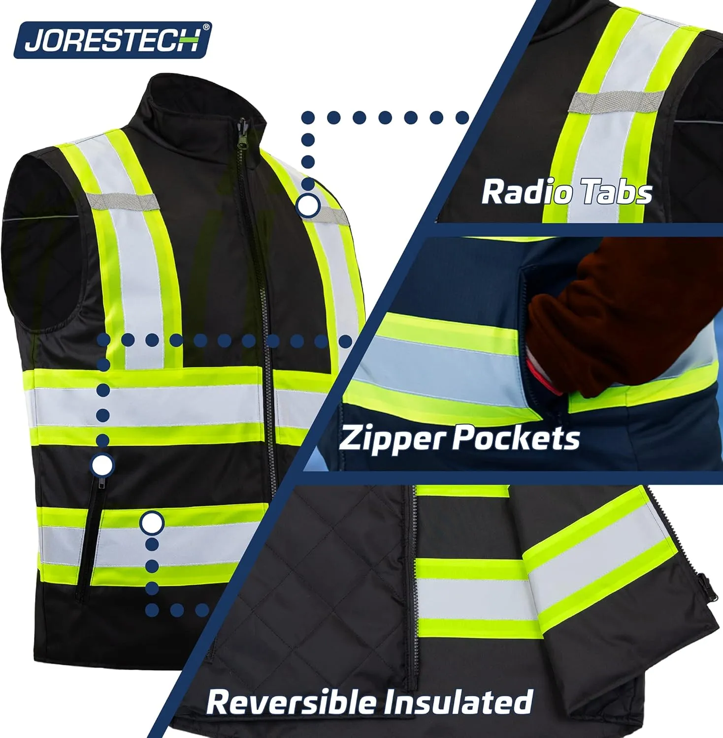 JORESTECH High Visibility Reversible Insulated Safety Vest with ANSI Compliant Reflective Tape Bodywarmer