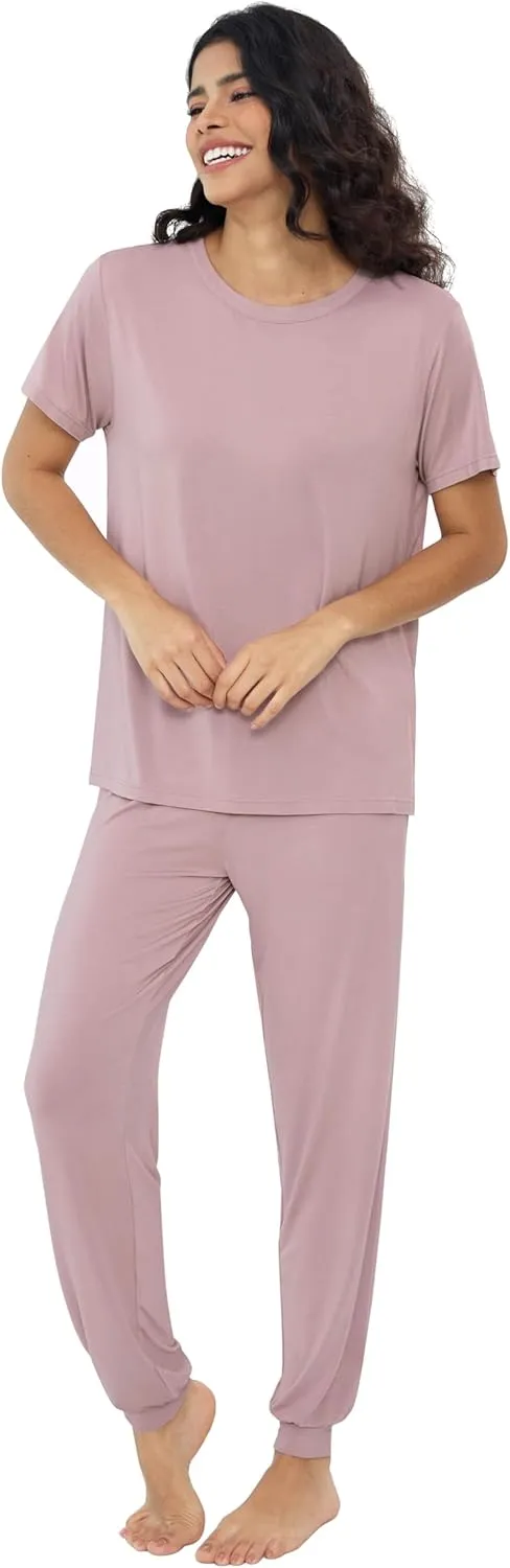 Joyaria Bamboo Viscose Pajamas Women Ultra Soft Short Sleeve Jogger Pants Pjs Set Cooling Sleepwear