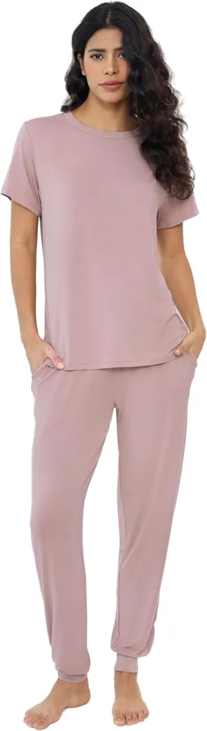 Joyaria Bamboo Viscose Pajamas Women Ultra Soft Short Sleeve Jogger Pants Pjs Set Cooling Sleepwear