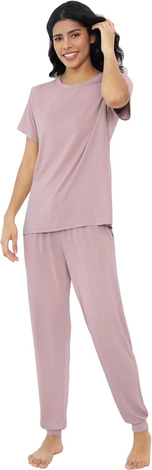 Joyaria Bamboo Viscose Pajamas Women Ultra Soft Short Sleeve Jogger Pants Pjs Set Cooling Sleepwear