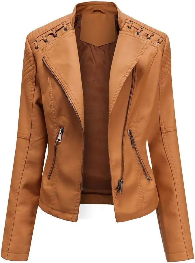 Julymens Women's Faux Leather Motorcycle Jacket Fashion Slim Fit Short Biker Coat
