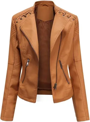Julymens Women's Faux Leather Motorcycle Jacket Fashion Slim Fit Short Biker Coat