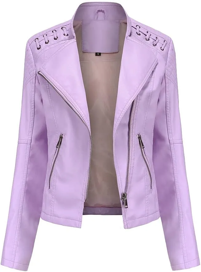 Julymens Women's Faux Leather Motorcycle Jacket Fashion Slim Fit Short Biker Coat