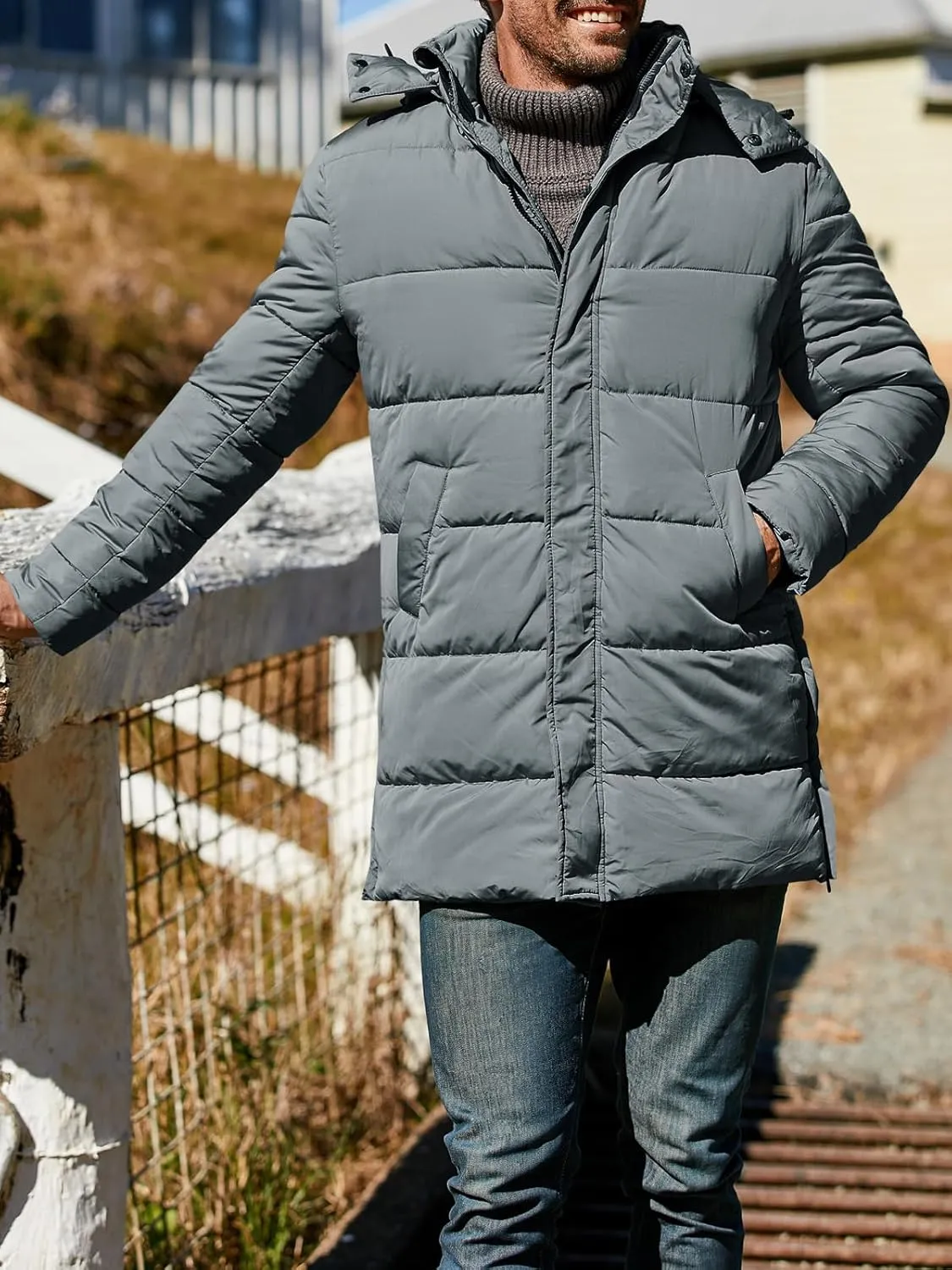 Karlywindow Mens Hooded Puffer Coat Parka Quilted Down Coat Long Warm Winter Thicken Padded Jacket