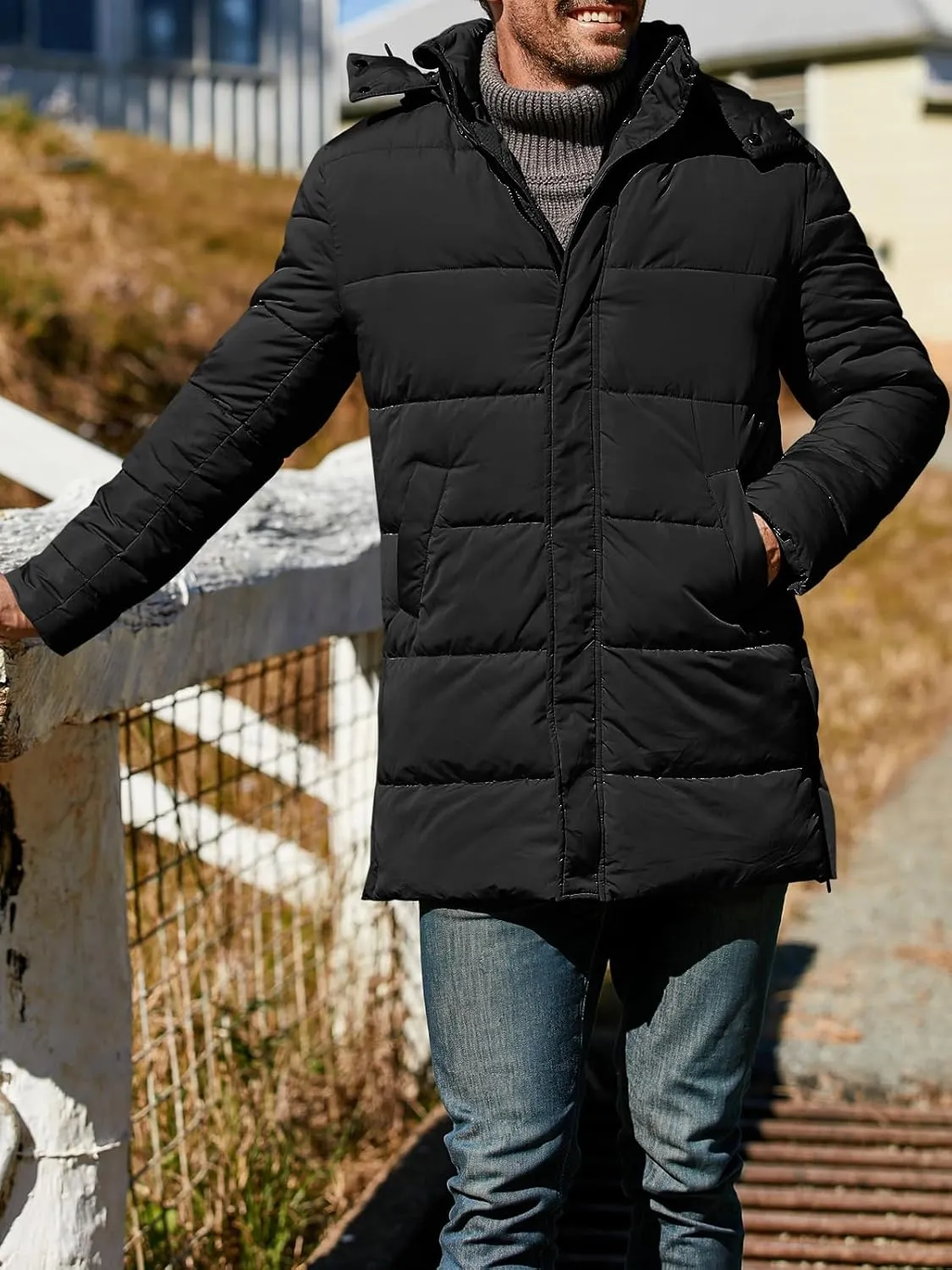 Karlywindow Mens Hooded Puffer Coat Parka Quilted Down Coat Long Warm Winter Thicken Padded Jacket