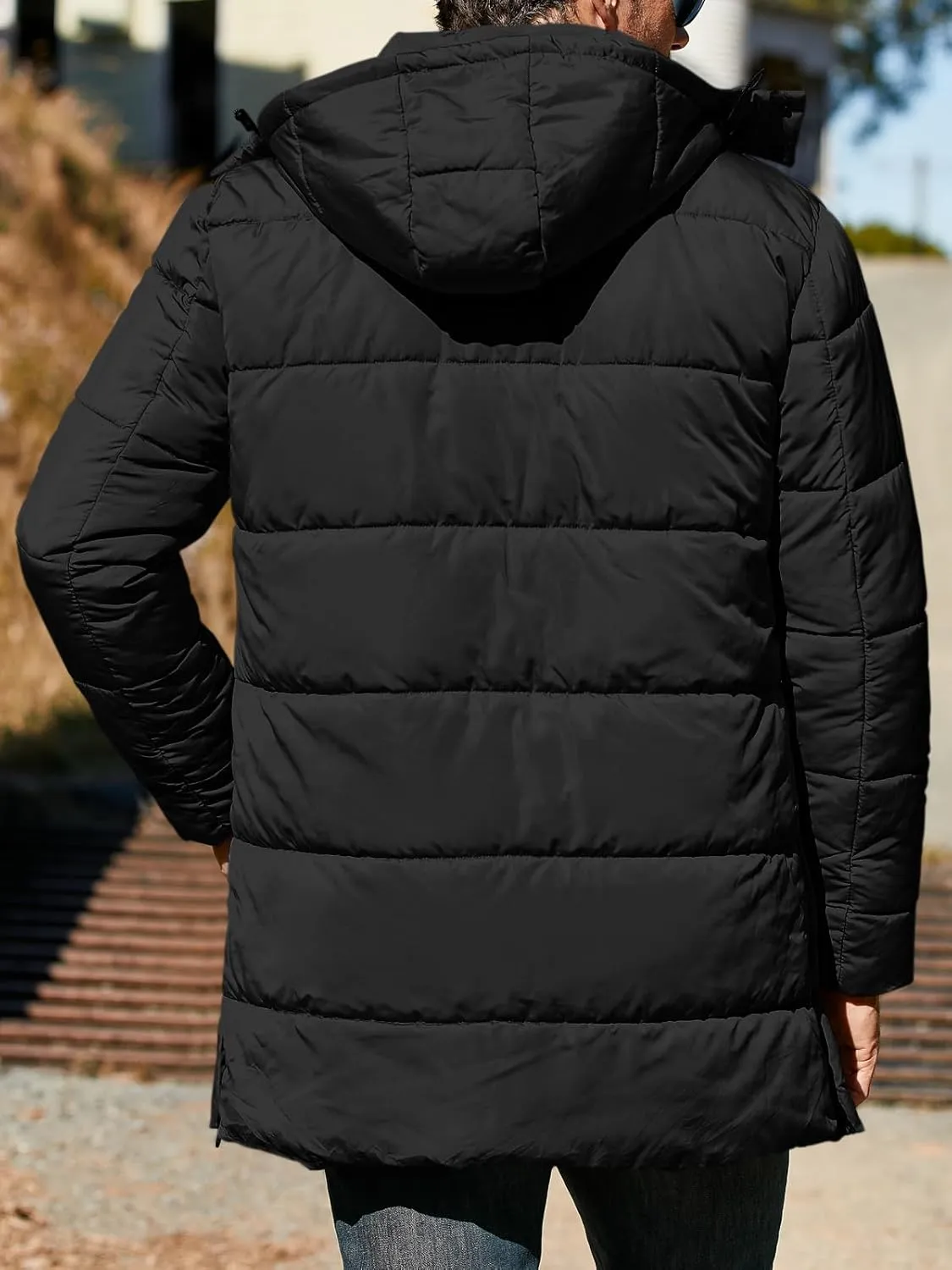 Karlywindow Mens Hooded Puffer Coat Parka Quilted Down Coat Long Warm Winter Thicken Padded Jacket