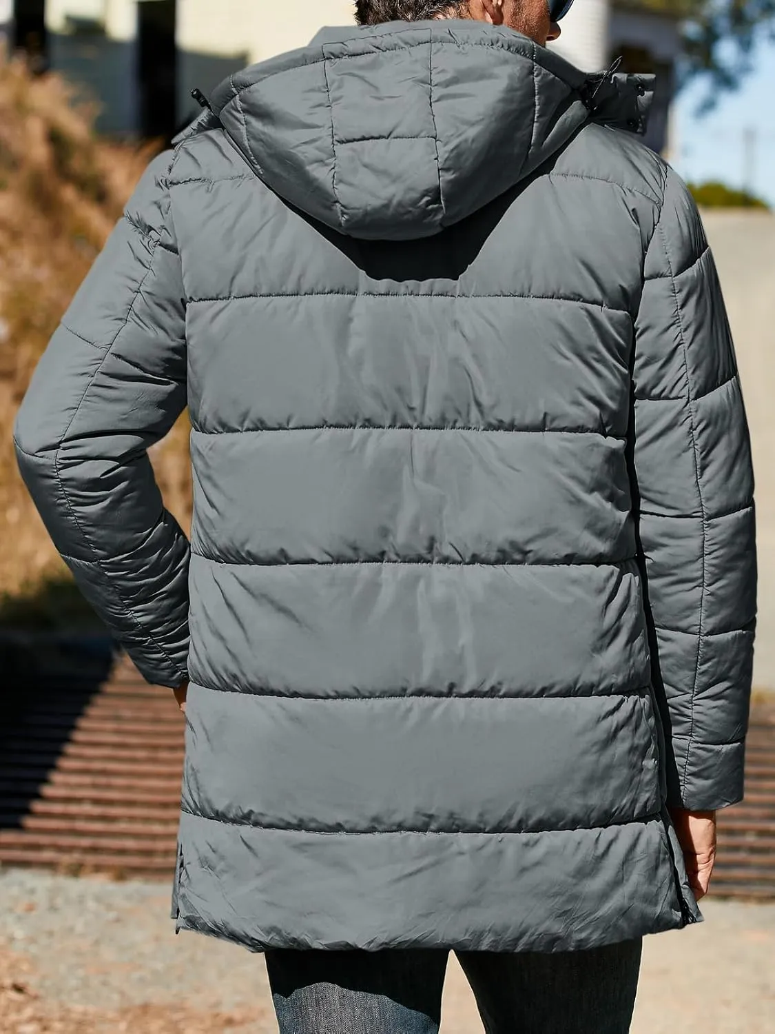 Karlywindow Mens Hooded Puffer Coat Parka Quilted Down Coat Long Warm Winter Thicken Padded Jacket