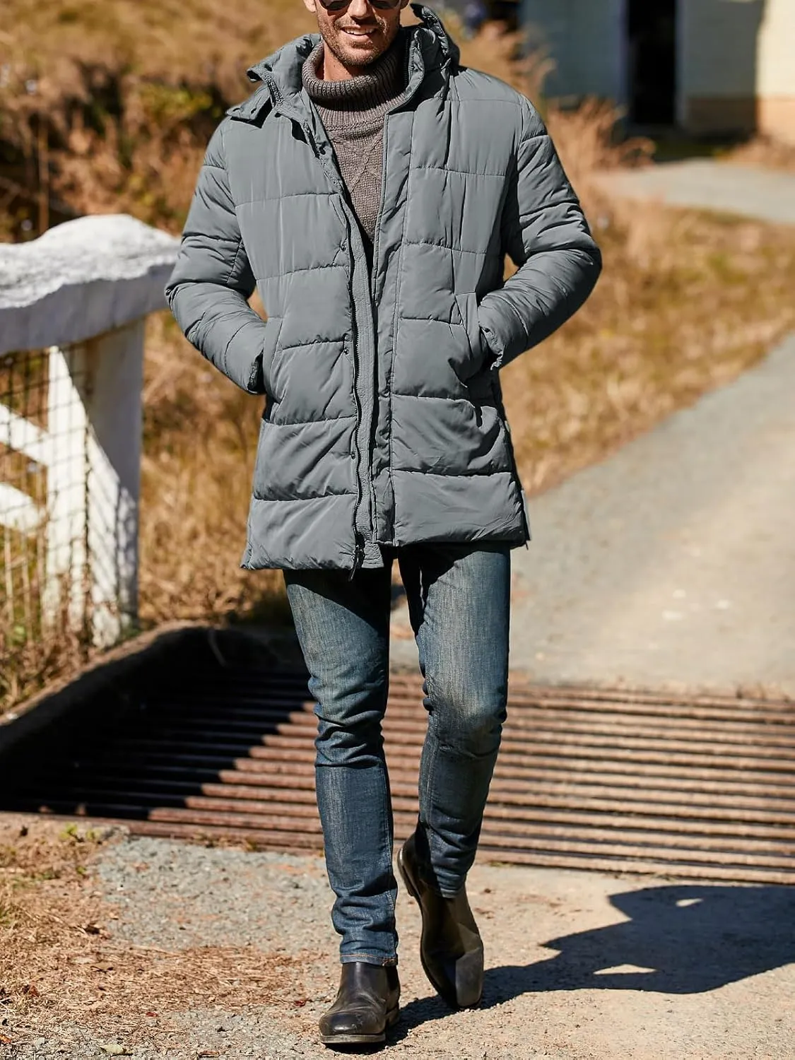 Karlywindow Mens Hooded Puffer Coat Parka Quilted Down Coat Long Warm Winter Thicken Padded Jacket