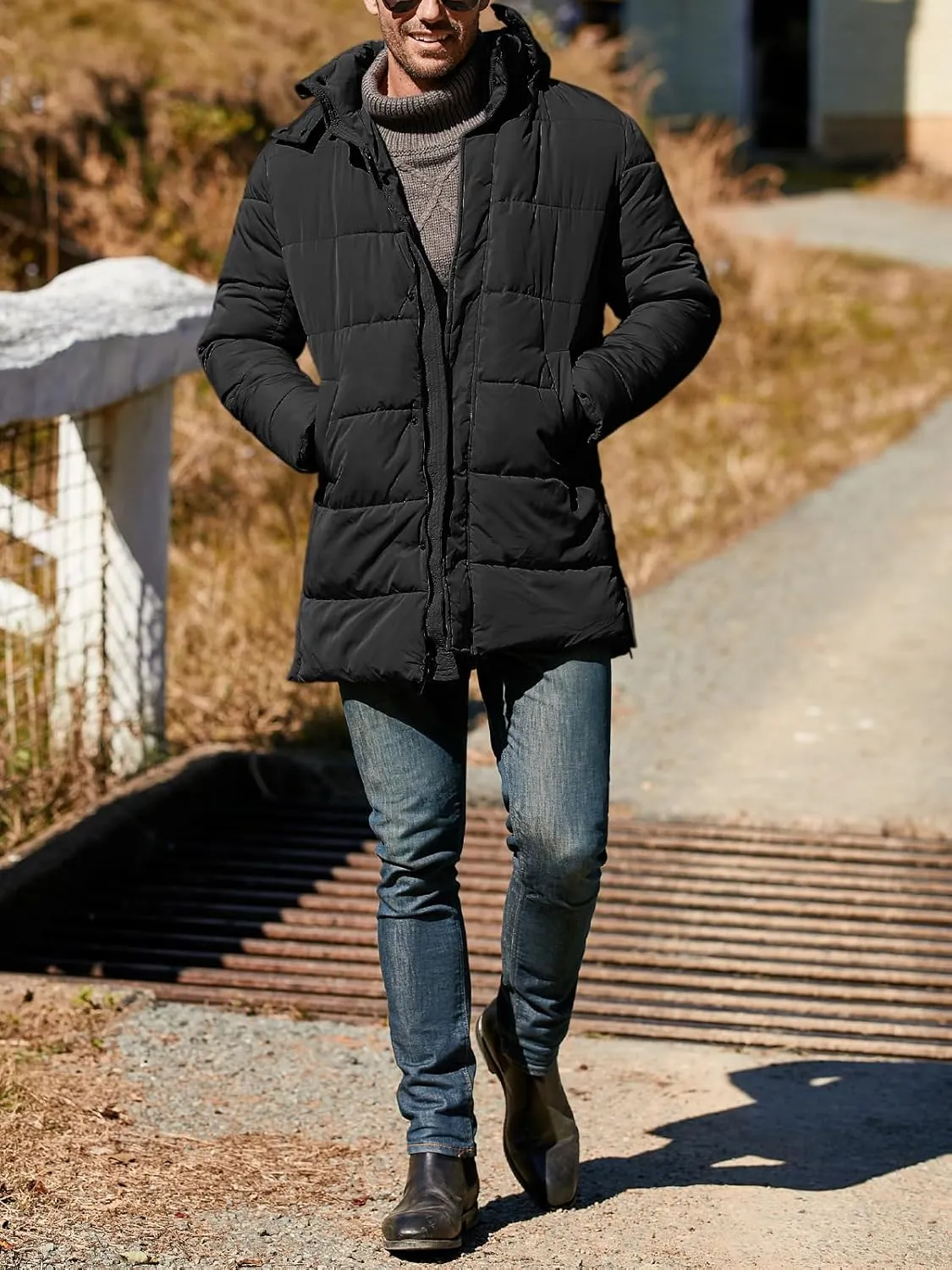 Karlywindow Mens Hooded Puffer Coat Parka Quilted Down Coat Long Warm Winter Thicken Padded Jacket