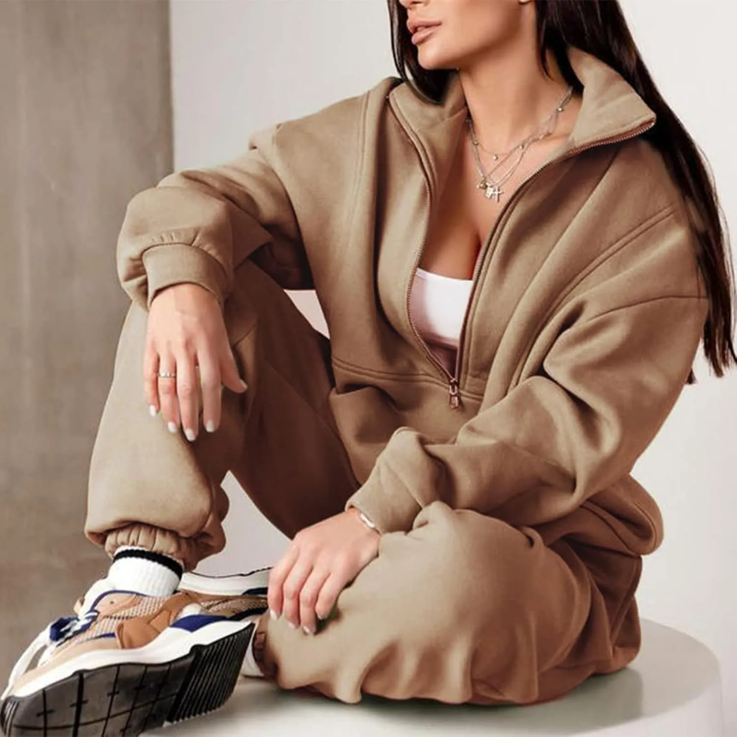 Kissonic Womens Fleece 2 Piece Outfits Sweatsuit Half Zip Pullover Sweatshirt Joggers Pants Tracksuit Set