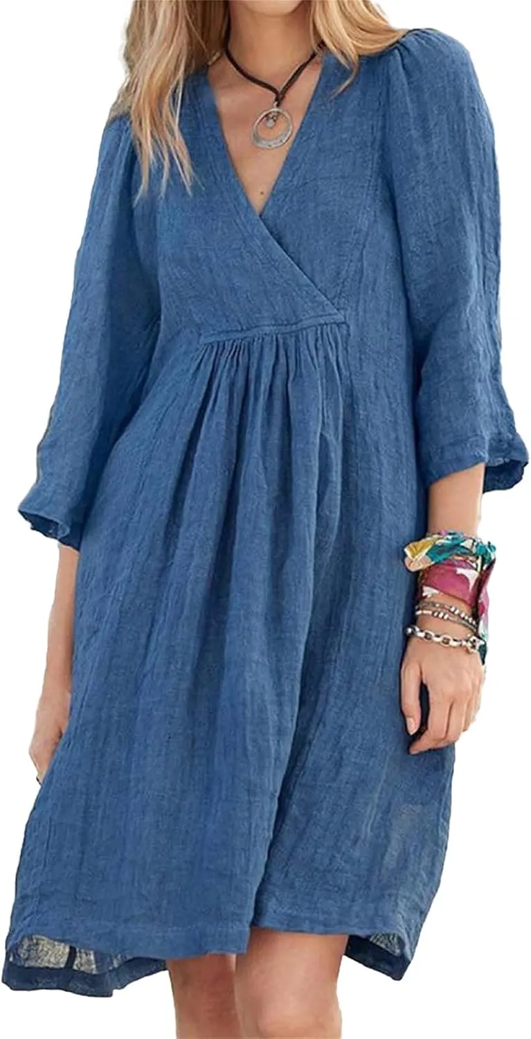 Kubbon Womens Summer Dresses Cotton Linen A Line Dresses Loose Half Sleeve V Neck Dress Flowy Midi Dress 2025 Fashion