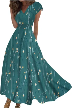 Ladies Sexy Vintage Dresses Bohemian Summer Maxi Loose Fit 2025 V Neck Short Sleeve Daily A Line Loose Fit Party Dress