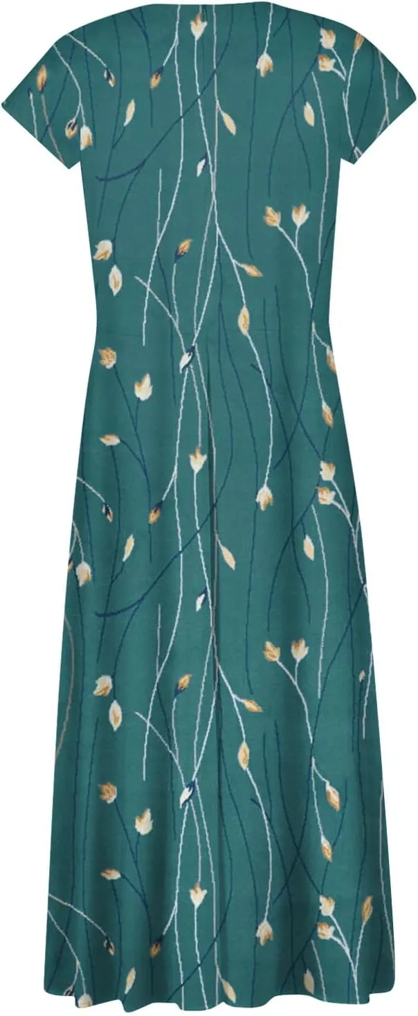 Ladies Sexy Vintage Dresses Bohemian Summer Maxi Loose Fit 2025 V Neck Short Sleeve Daily A Line Loose Fit Party Dress