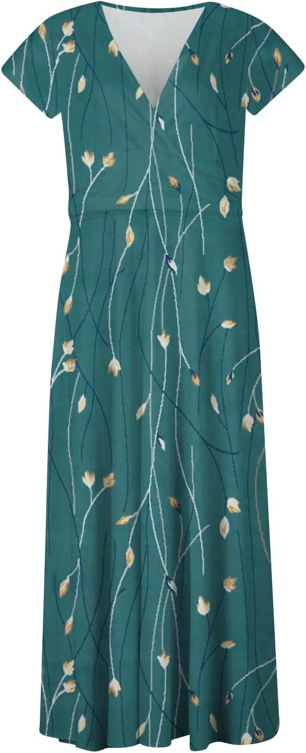 Ladies Sexy Vintage Dresses Bohemian Summer Maxi Loose Fit 2025 V Neck Short Sleeve Daily A Line Loose Fit Party Dress