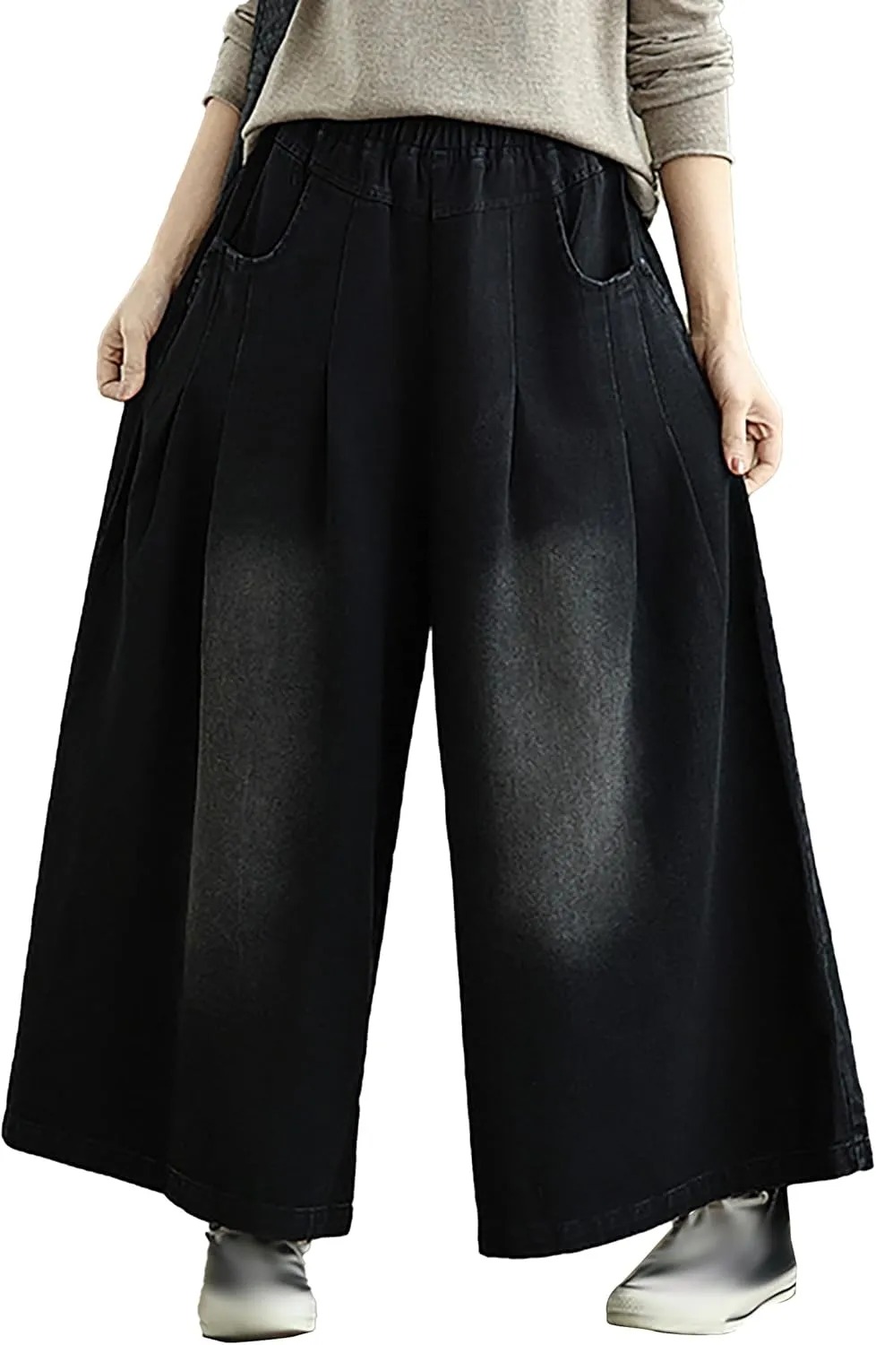 LAI MENG FIVE CATS Women's Loose Elastic Waist Wide Leg Denim Pants with Double Pockets