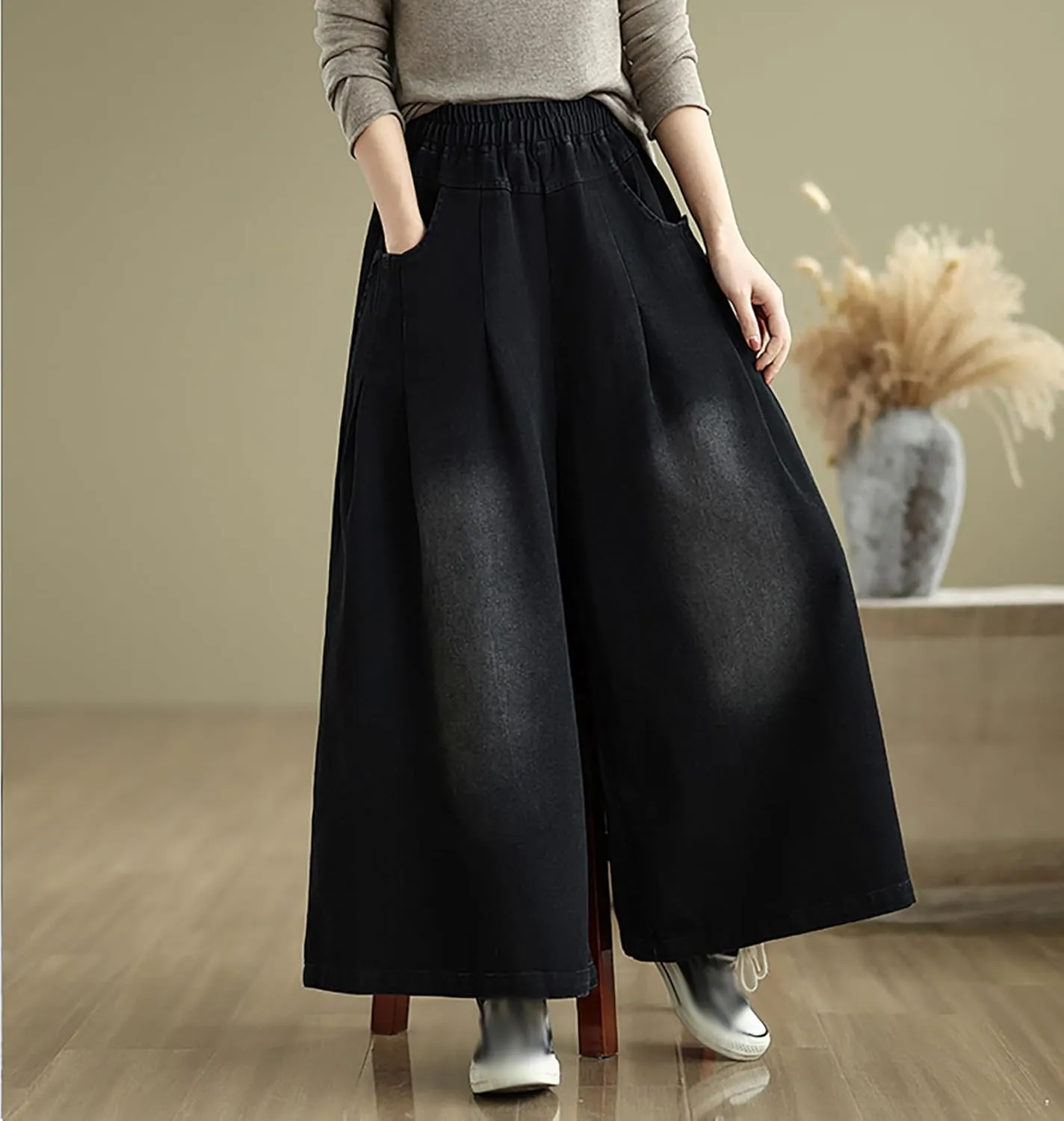 LAI MENG FIVE CATS Women's Loose Elastic Waist Wide Leg Denim Pants with Double Pockets