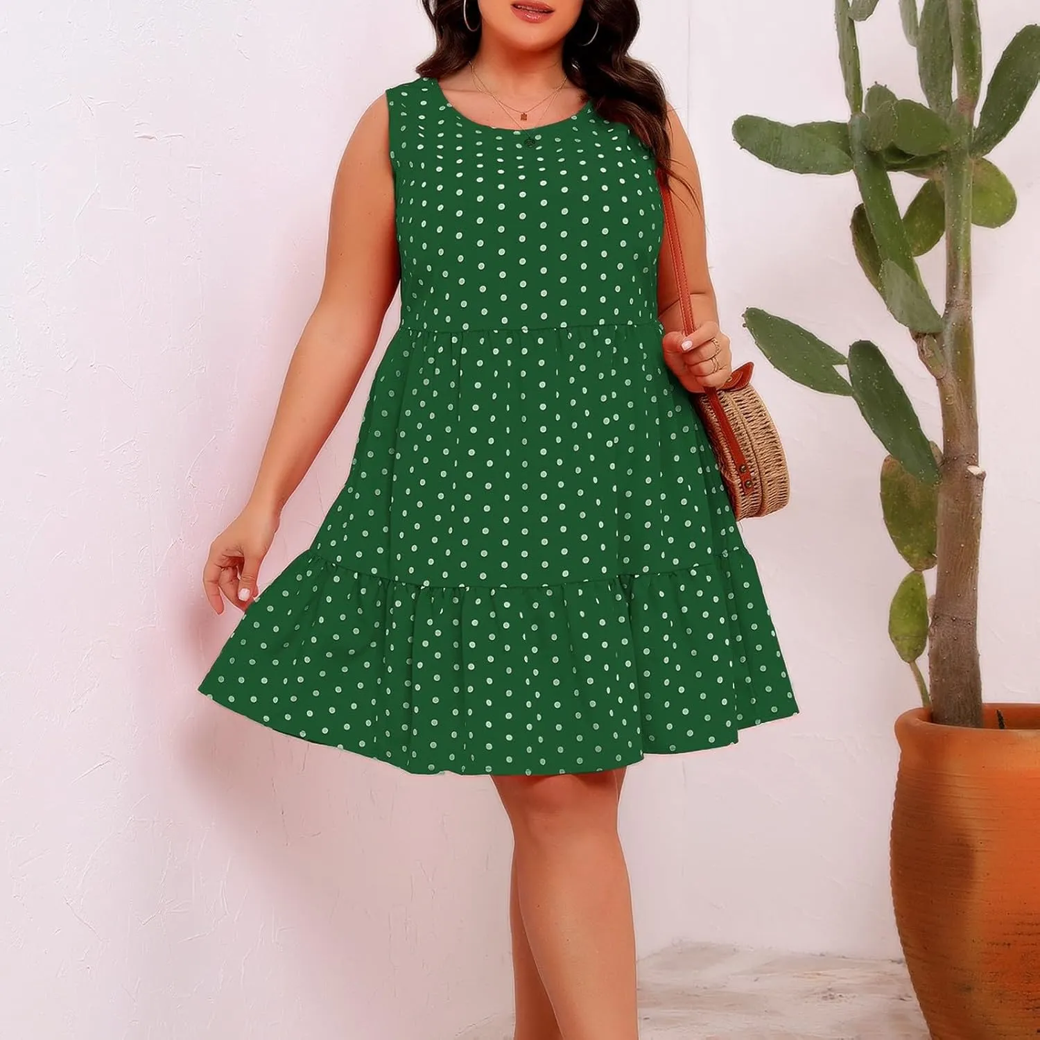 Lmdudan Plus Size Summer Dresses for Women Polka Dot Hem Ruffle Hem Knee Length Dress Casual O-Neck Sleeveless Mini Sundress