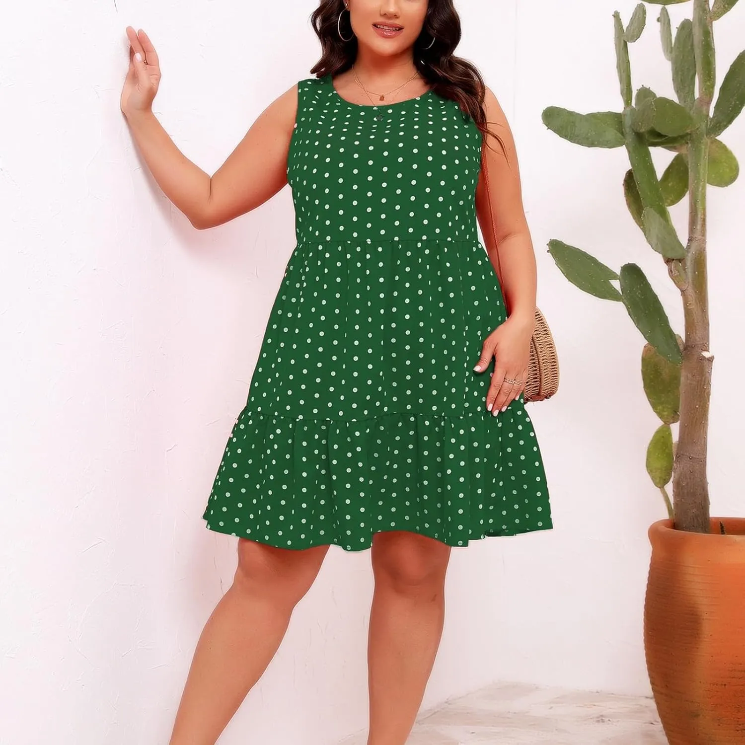 Lmdudan Plus Size Summer Dresses for Women Polka Dot Hem Ruffle Hem Knee Length Dress Casual O-Neck Sleeveless Mini Sundress
