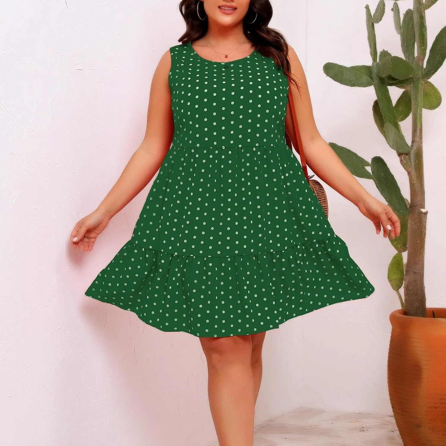 Lmdudan Plus Size Summer Dresses for Women Polka Dot Hem Ruffle Hem Knee Length Dress Casual O-Neck Sleeveless Mini Sundress
