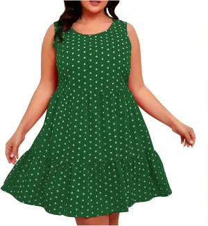 Lmdudan Plus Size Summer Dresses for Women Polka Dot Hem Ruffle Hem Knee Length Dress Casual O-Neck Sleeveless Mini Sundress