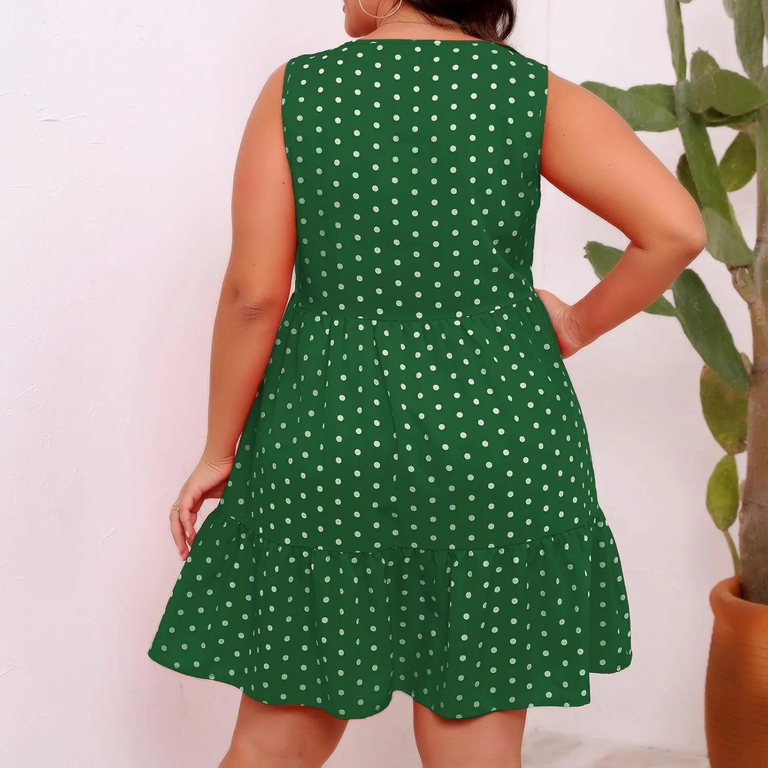 Lmdudan Plus Size Summer Dresses for Women Polka Dot Hem Ruffle Hem Knee Length Dress Casual O-Neck Sleeveless Mini Sundress