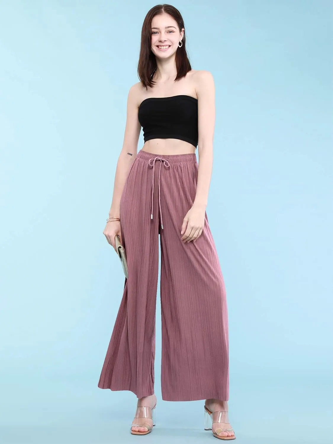 Lock and Love Womens Pleated Wide Leg Palazzo Maxi Pants with Drawstring or Elastic Band