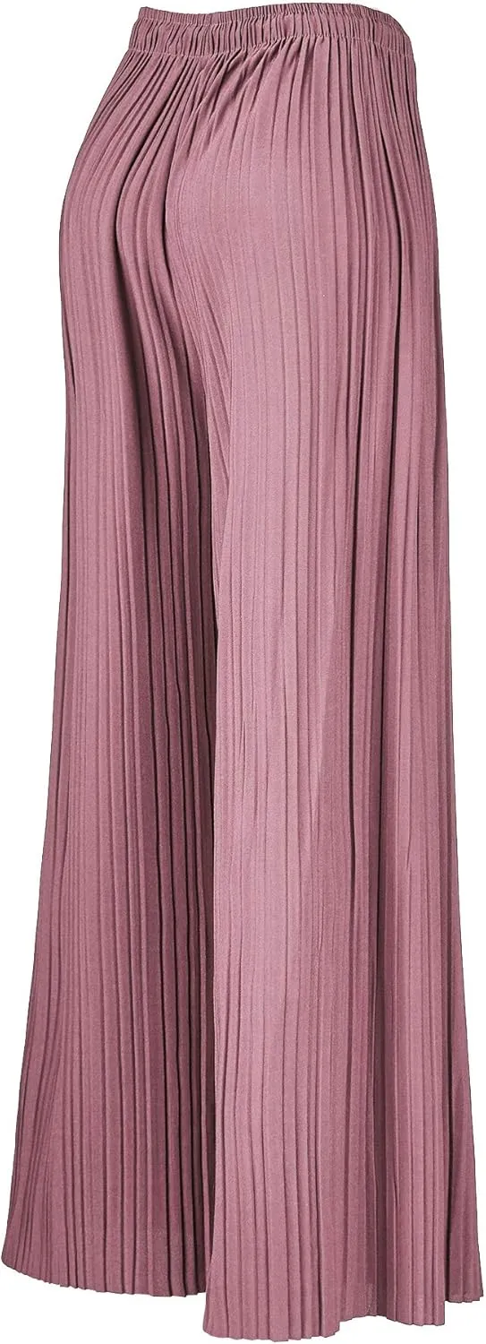 Lock and Love Womens Pleated Wide Leg Palazzo Maxi Pants with Drawstring or Elastic Band