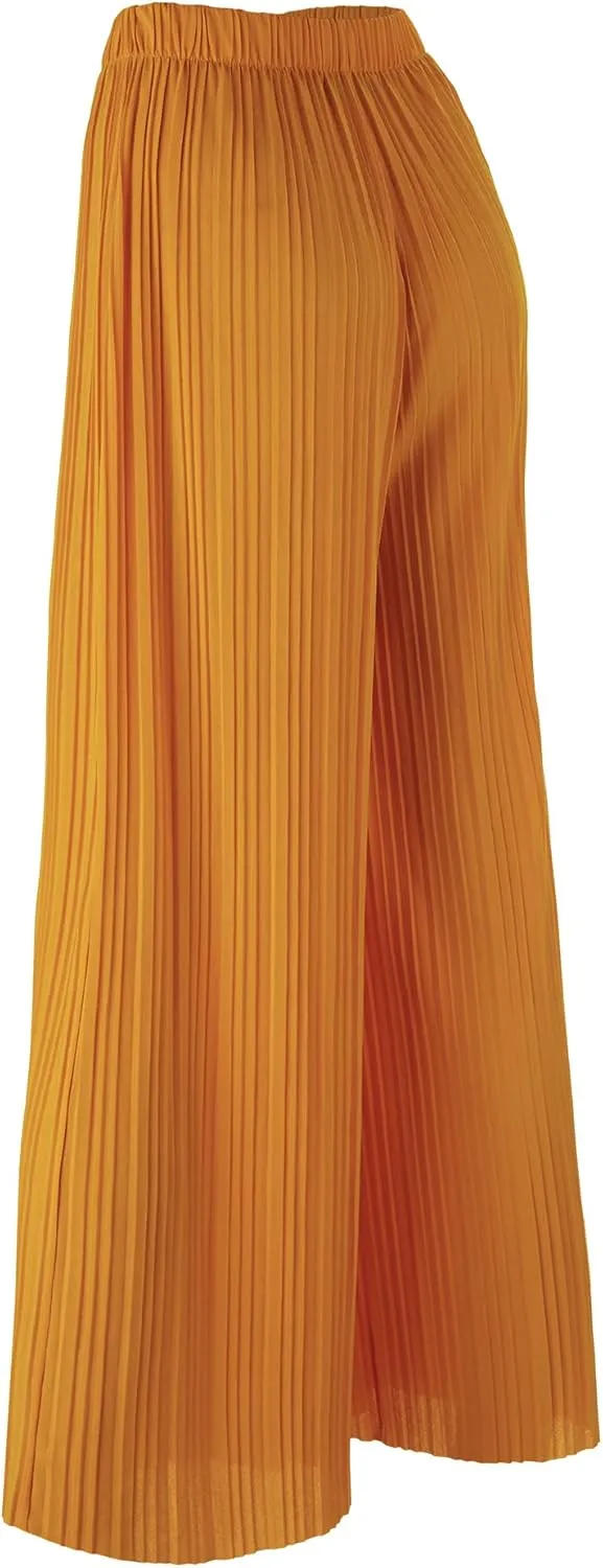 Lock and Love Womens Pleated Wide Leg Palazzo Maxi Pants with Drawstring or Elastic Band