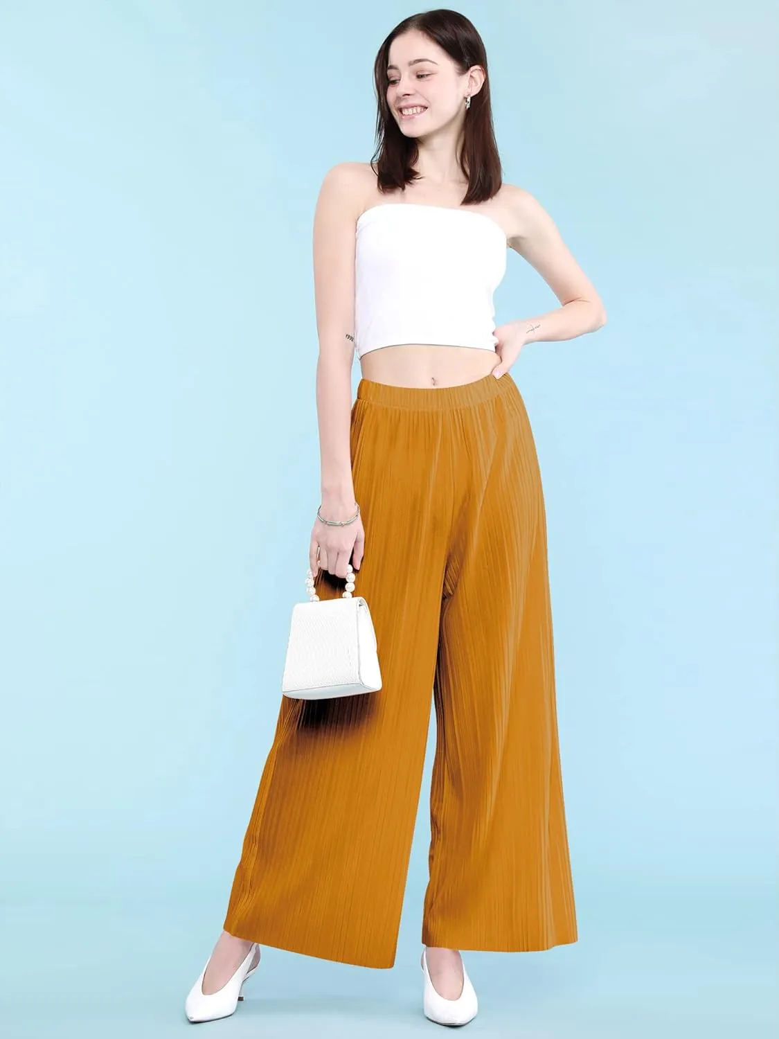Lock and Love Womens Pleated Wide Leg Palazzo Maxi Pants with Drawstring or Elastic Band