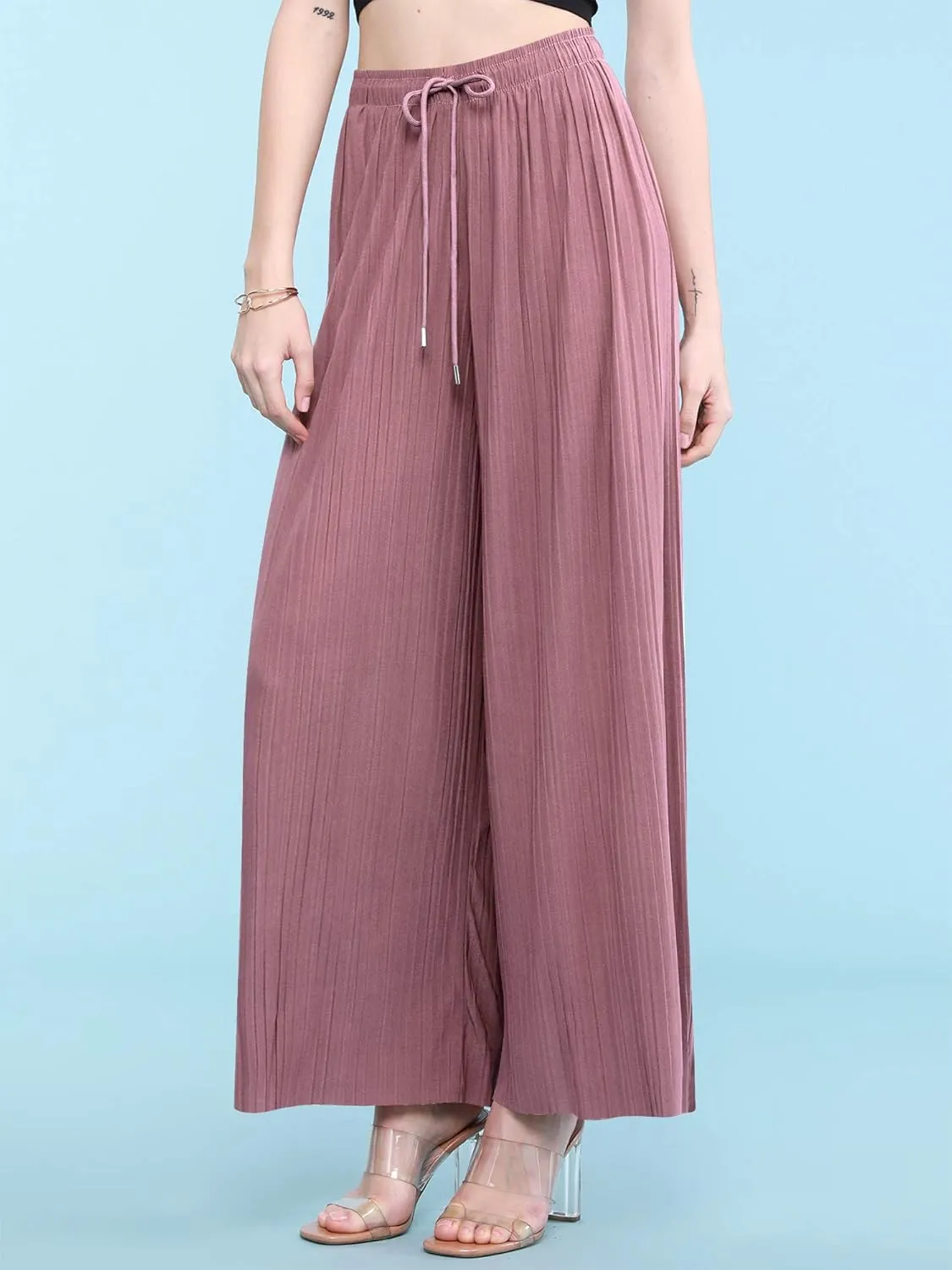 Lock and Love Womens Pleated Wide Leg Palazzo Maxi Pants with Drawstring or Elastic Band