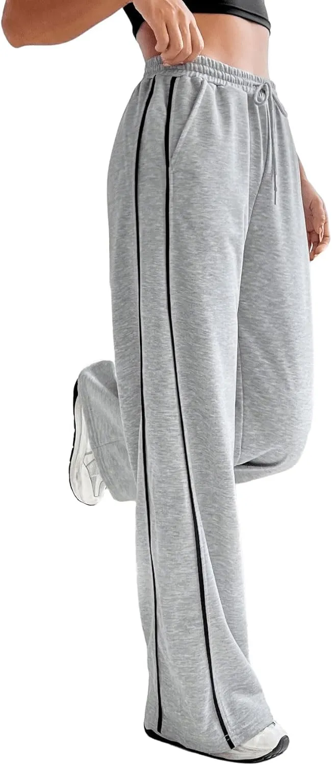 MakeMeChic Women's Wide Leg Sweatpants Drawstring High Waist Straight Leg Casual Loose Baggy Sweatpants Pants