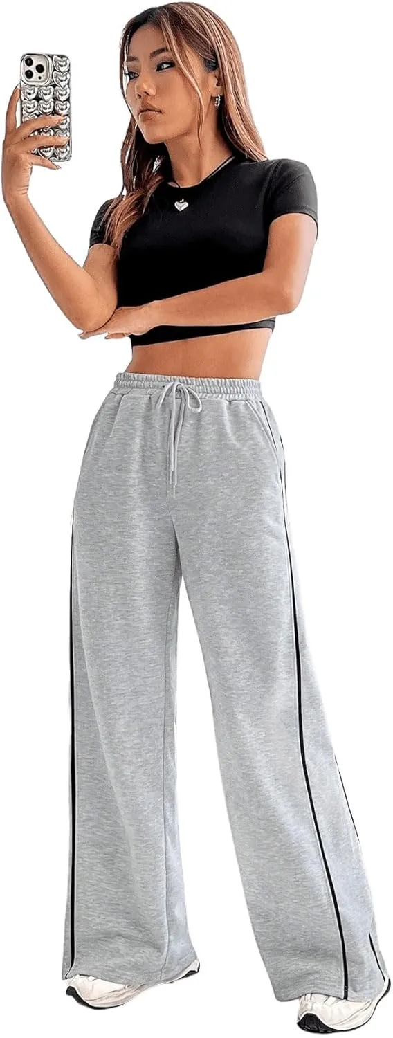 MakeMeChic Women's Wide Leg Sweatpants Drawstring High Waist Straight Leg Casual Loose Baggy Sweatpants Pants