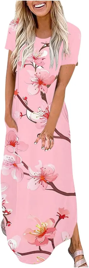 Maxi Dresses for Women 2025 Short Sleeve Casual Boho Floral T-Shirt Dress Flowy Beach Sundress with Pockets