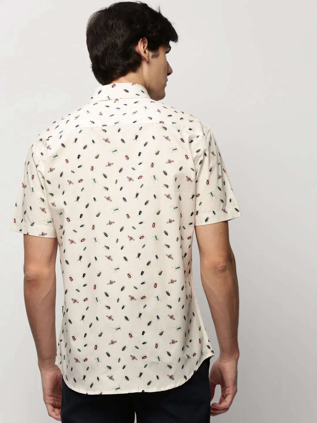 Men Cream Standard Slim Fit Conversational Printed Oxford Weave Cotton Casual Shirt