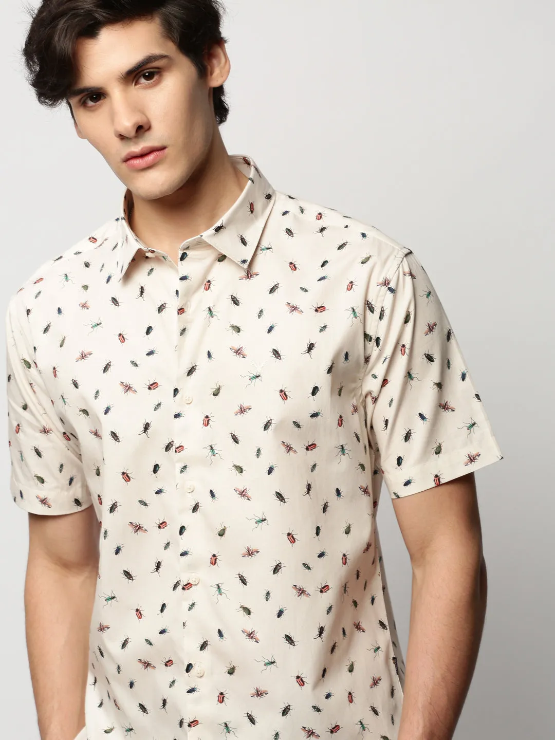Men Cream Standard Slim Fit Conversational Printed Oxford Weave Cotton Casual Shirt